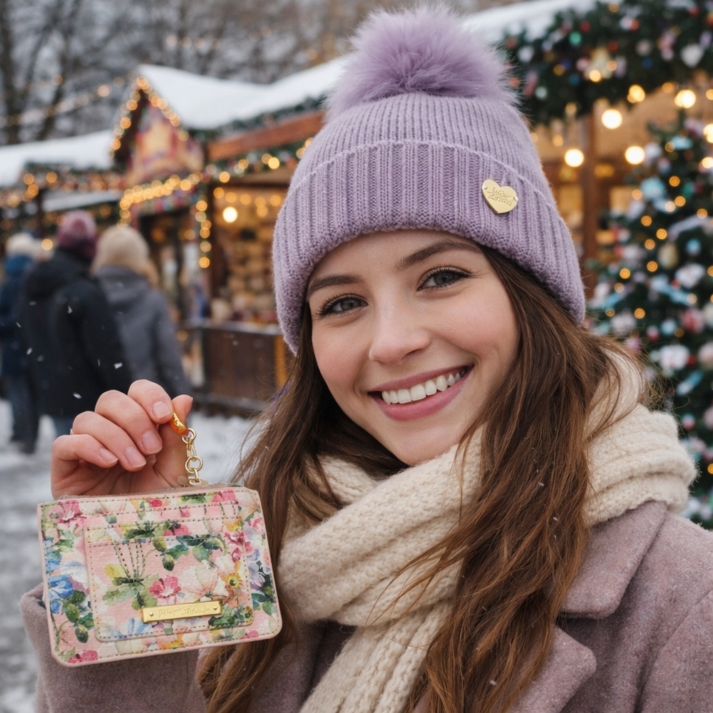 Betsey Johnson Lavender Knit Hat and Floral Card Holder Bundle Set